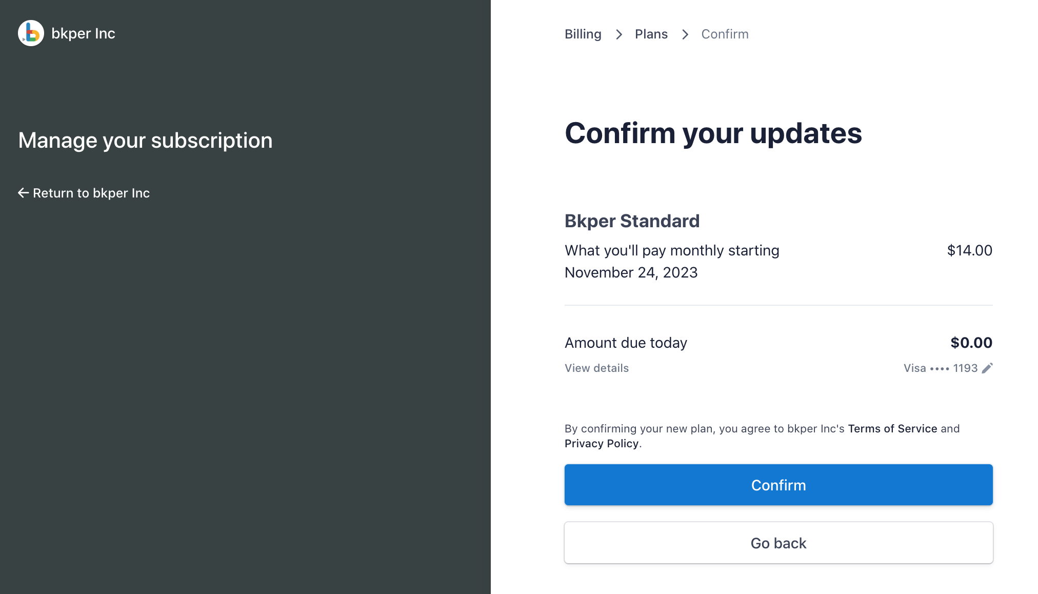 Confirmation screen for the subscription downgrade