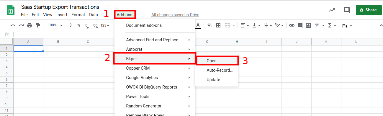 Opening the Bkper Add-on from the Extensions menu in Google Sheets