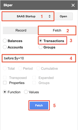 Configuring the Fetch options — Book, Transactions, and query