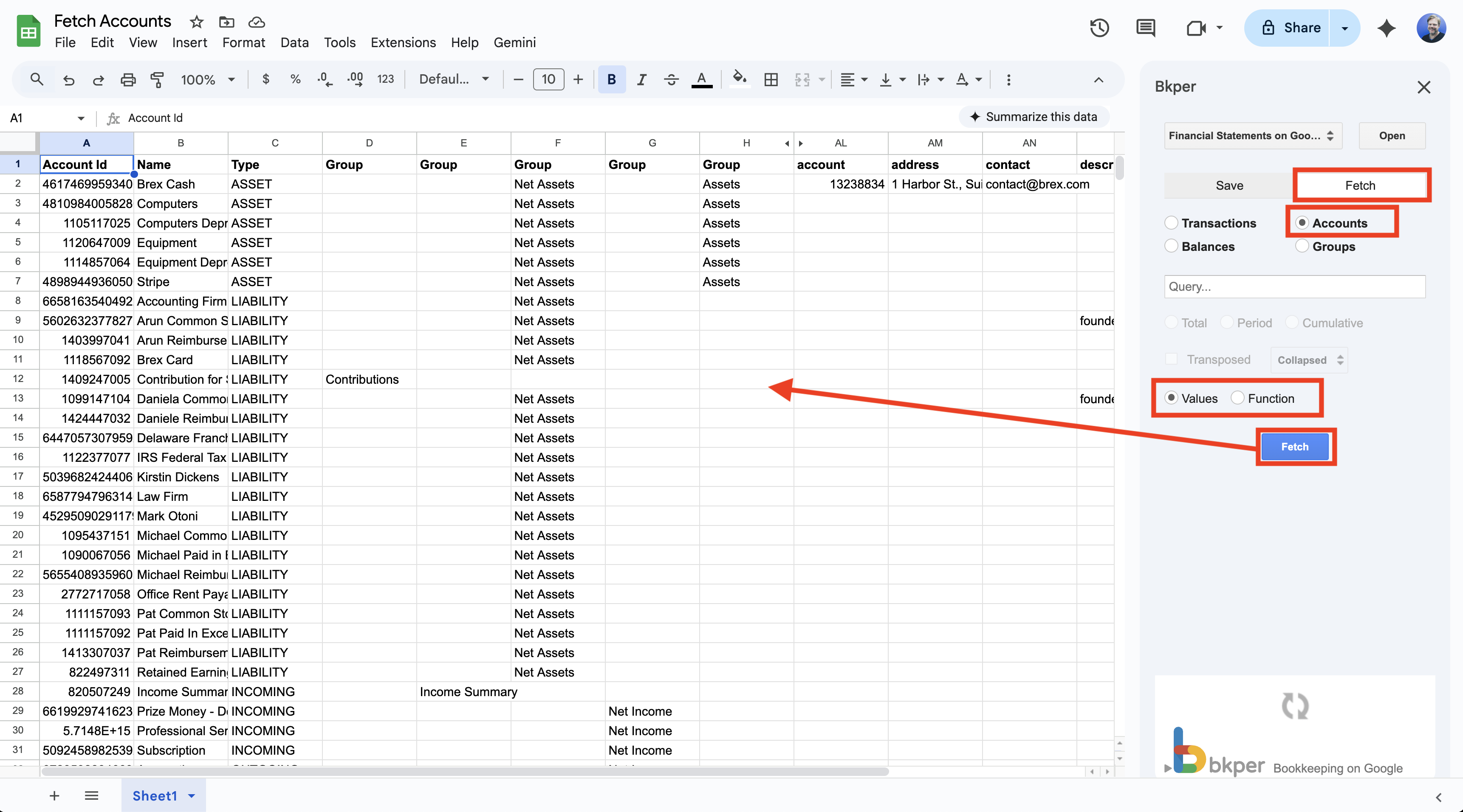 Fetch Accounts tab in the Bkper Add-on sidebar with Groups checkbox option