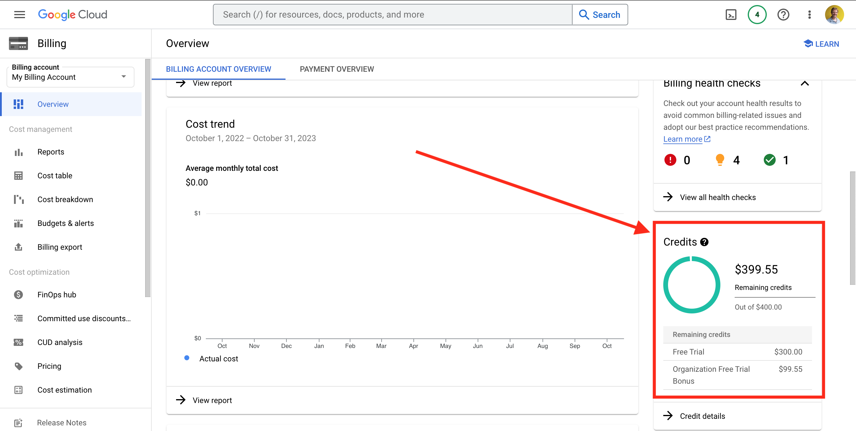 Google Cloud Billing page showing available free trial credits