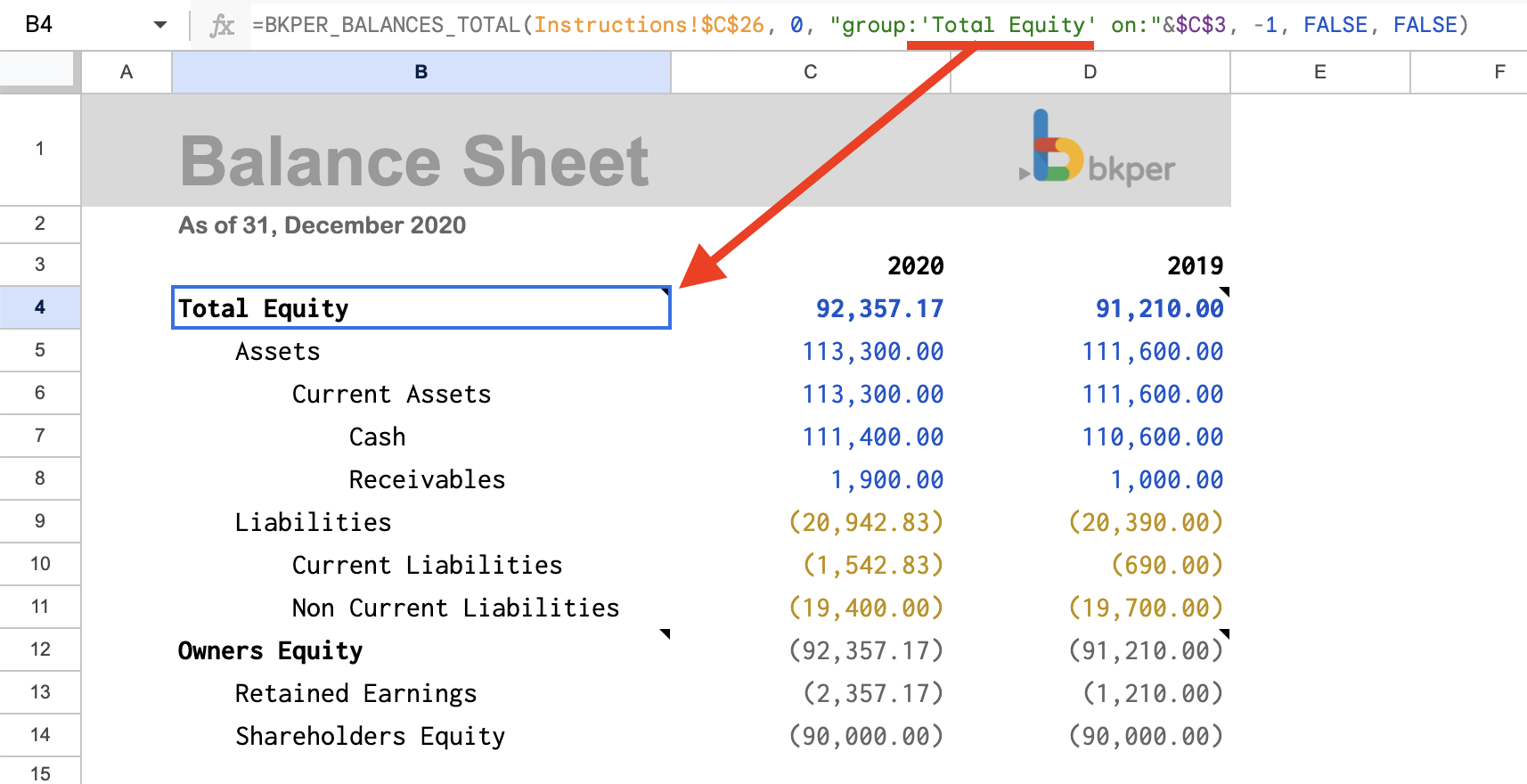 Bkper Function referencing the Total Equity group name in the Sheet