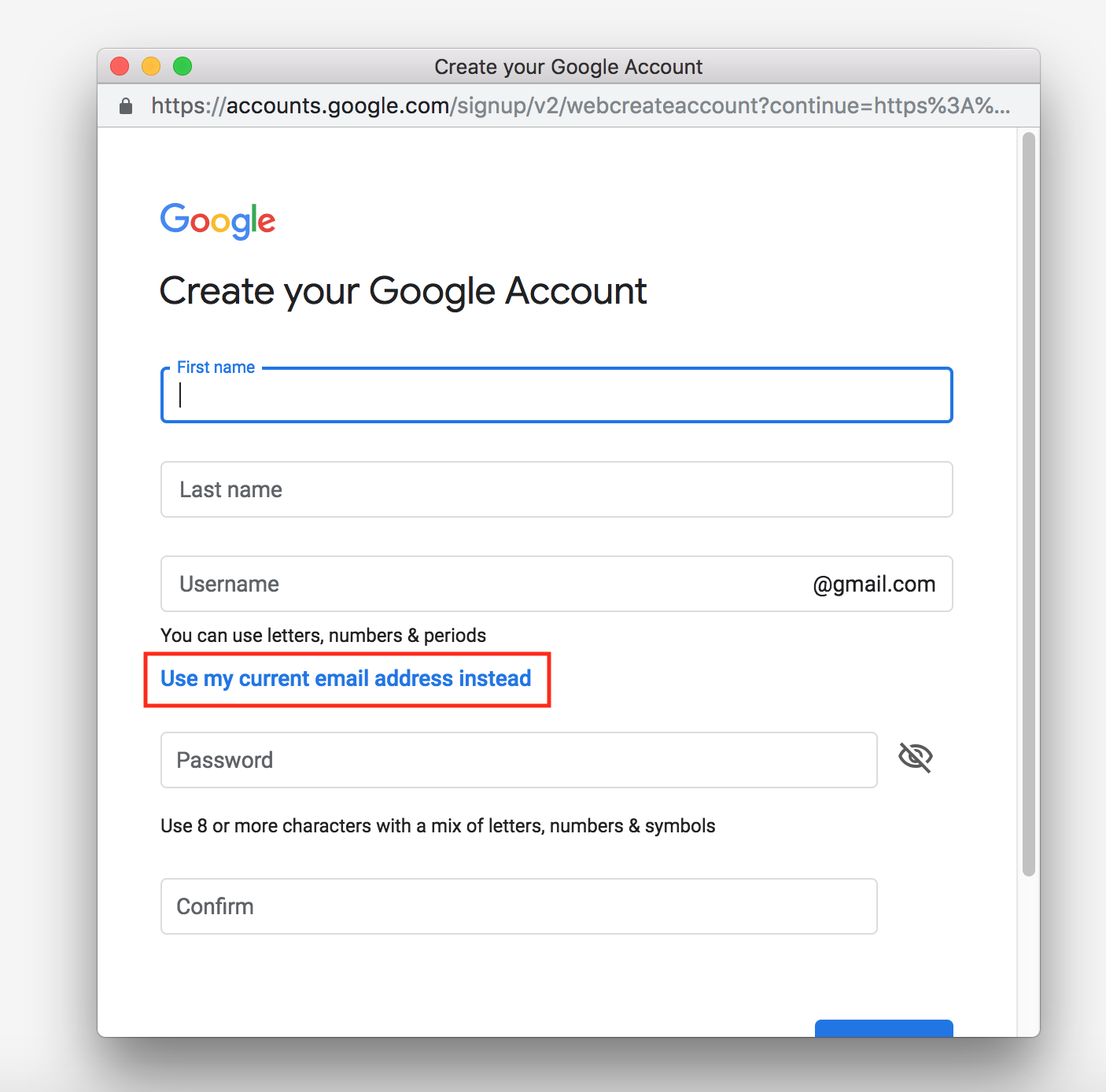 Google account creation page showing the option to use your current email address