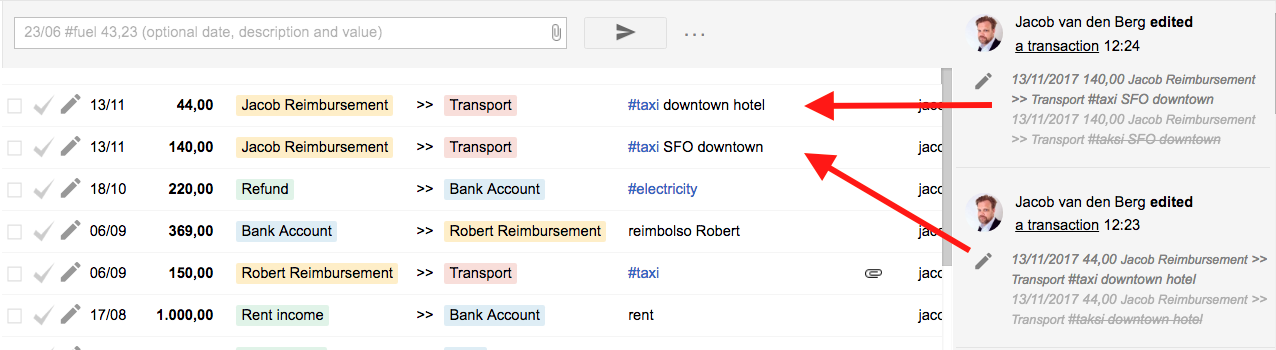 Editing a transaction to replace #taksi with the correct hashtag #taxi