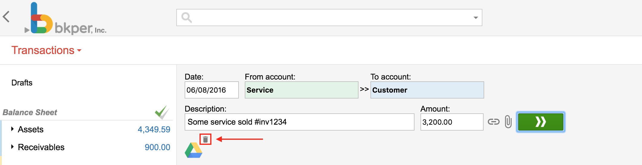 Removing an external link from a transaction by clicking the trash icon