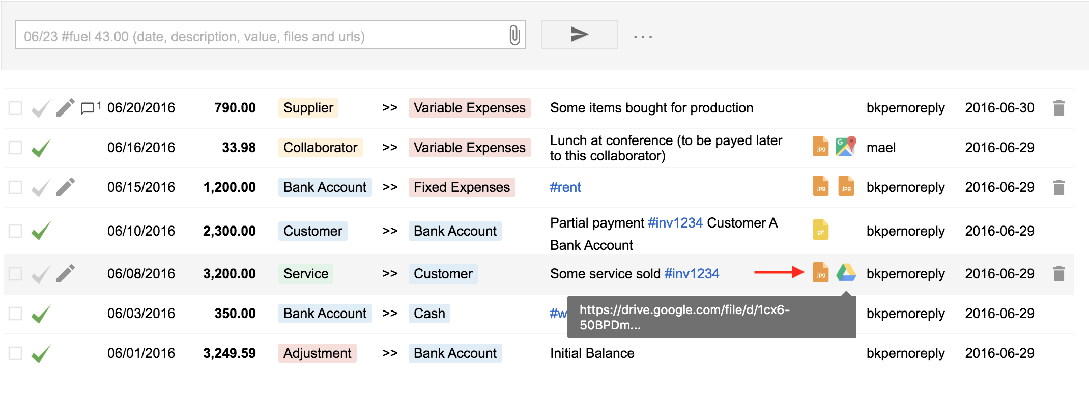 Clicking the link icon on a transaction to open the external URL
