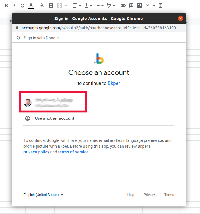 Google account authorization dialog for the Bkper Add-on