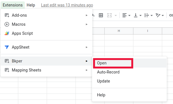 Opening the Bkper Add-on from the Extensions menu in Google Sheets