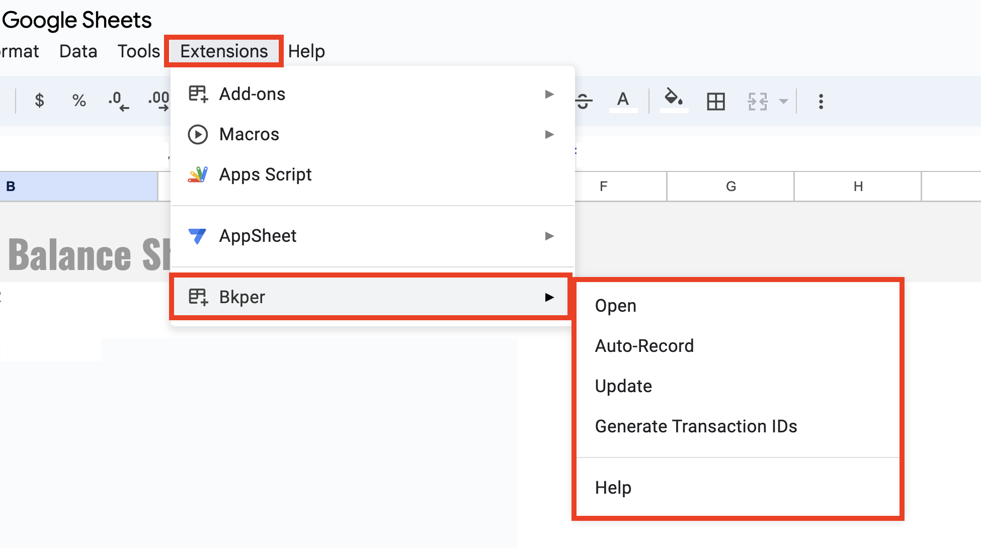 Bkper extension menu options in Google Sheets
