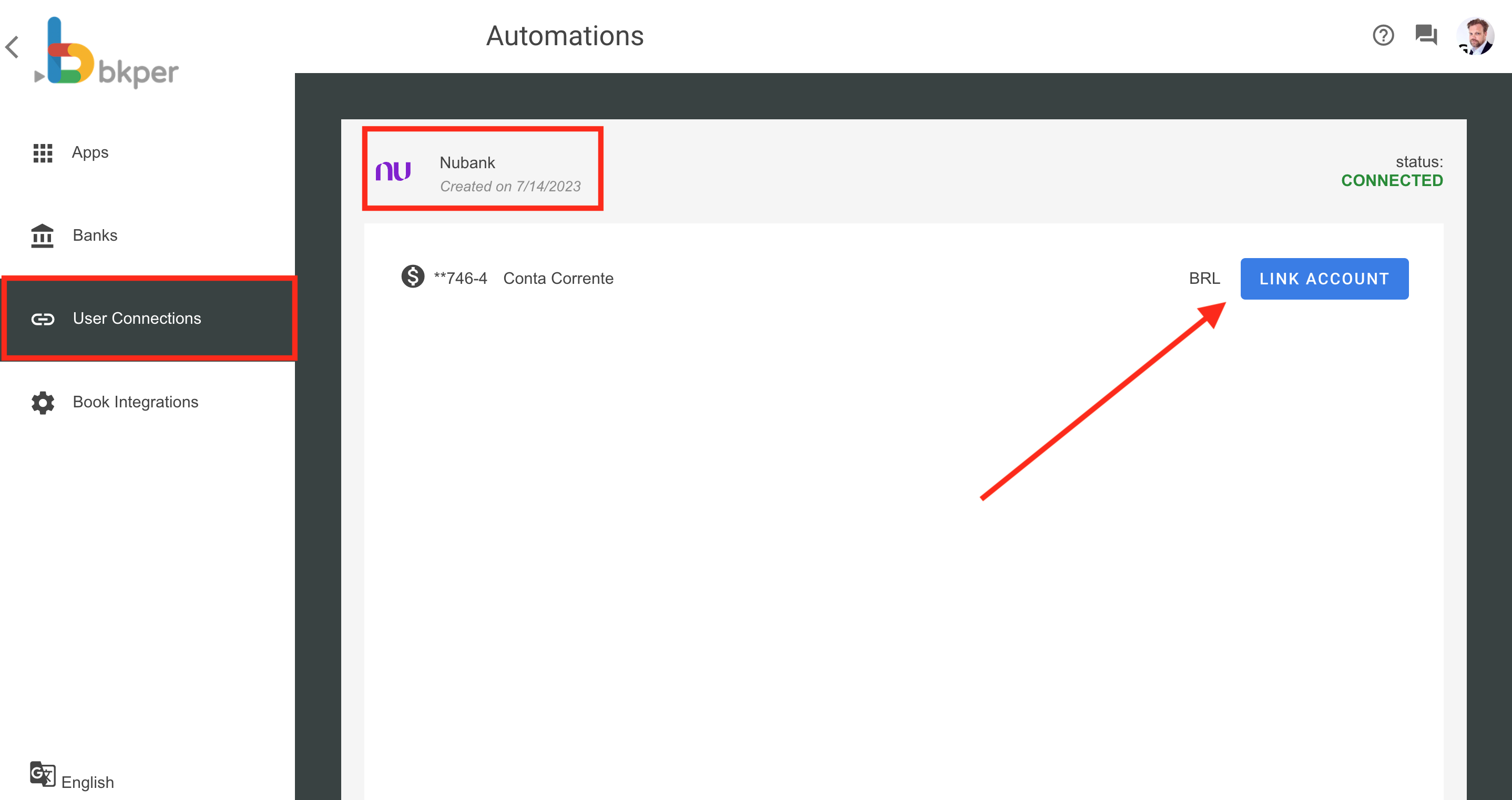 Clicking Link Account to start the integration