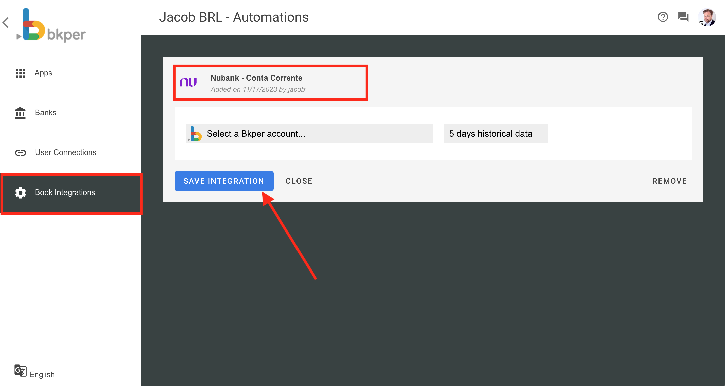 Configuring the Account and period for the bank integration