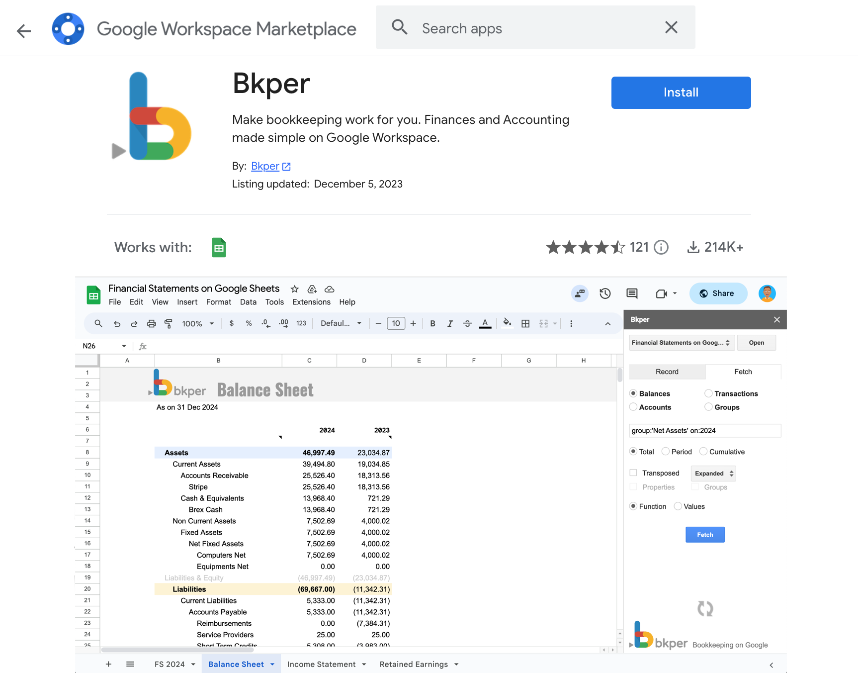 Bkper Add-on listing on the Google Workspace Marketplace