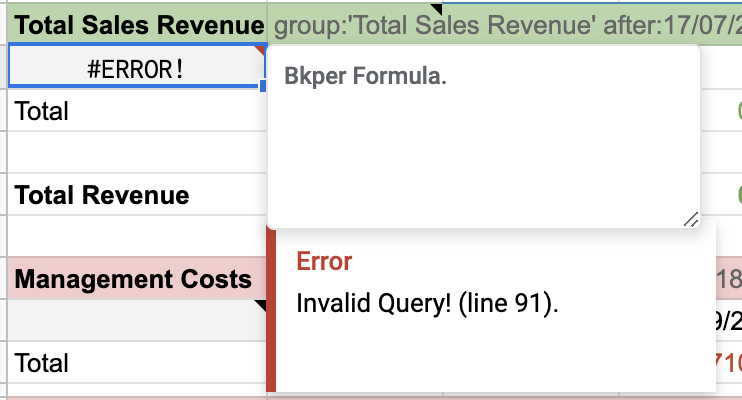 Google Sheet cell showing an Invalid Query error from a Bkper function
