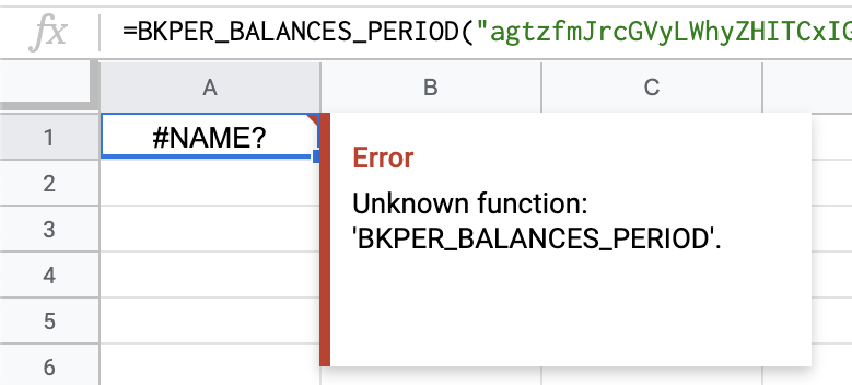 Google Sheet showing #NAME? error for an unknown Bkper function