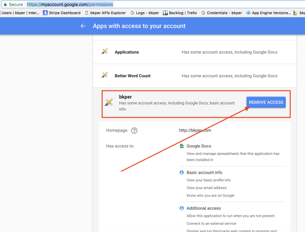 Google Account permissions page showing the option to remove Bkper access