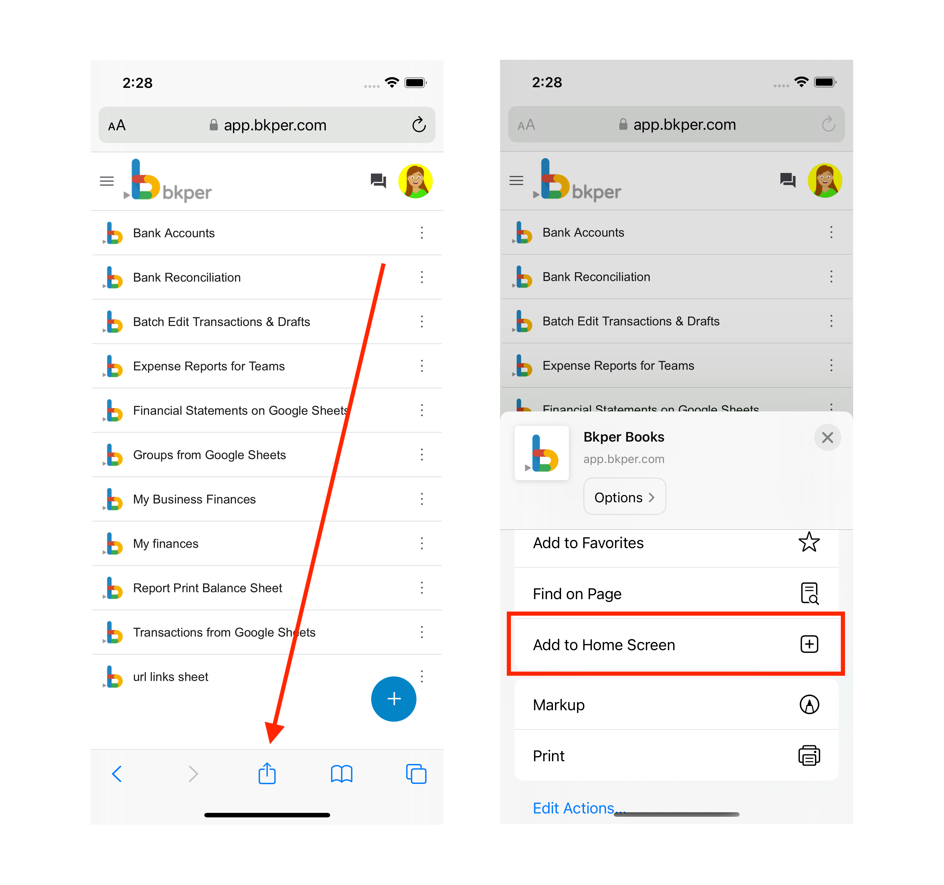 iOS Share menu with Add to Home Screen option
