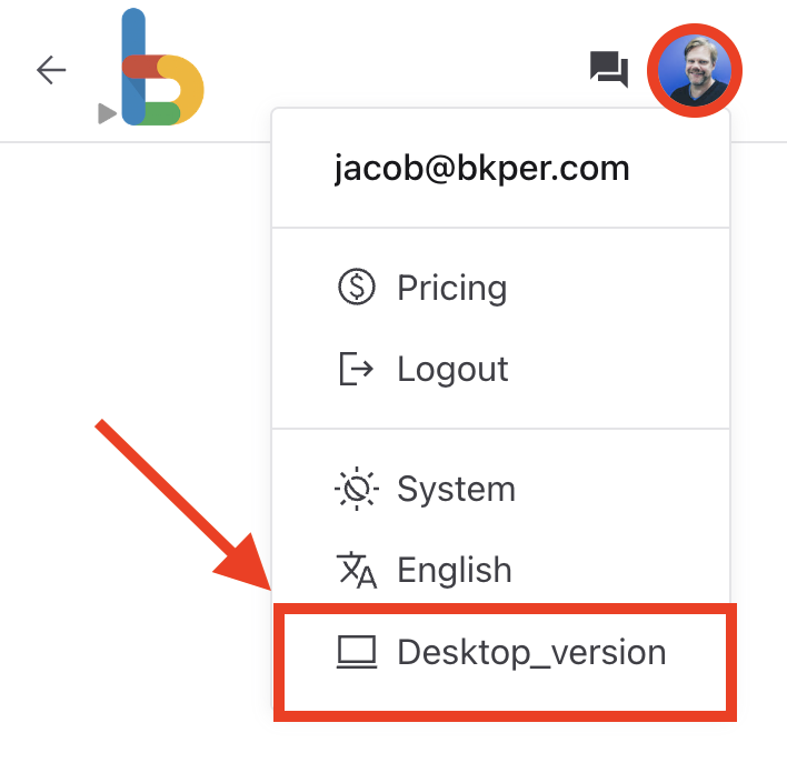 Switching from mobile Web App to desktop version via avatar menu