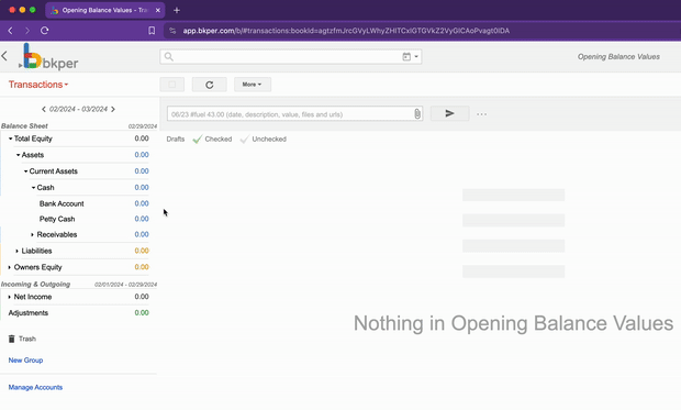 Setting an opening balance in Bkper using the Adjust balance feature