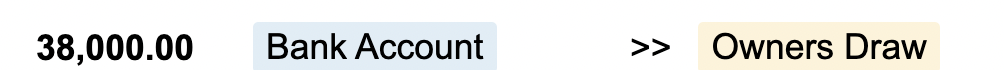 Bkper transaction showing an owner's withdrawal recorded from Bank Account to Owner's Draw