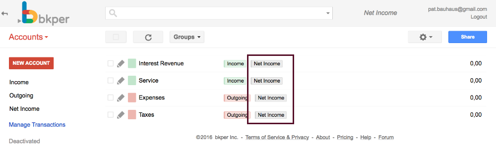 Bkper accounts view showing incoming and outgoing accounts all assigned to a Net Income cross group