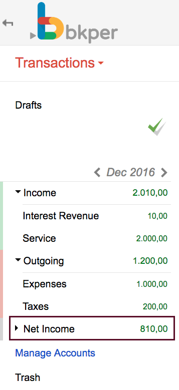 Bkper sidebar displaying Income, Outgoing, and Net Income balances for December 2016