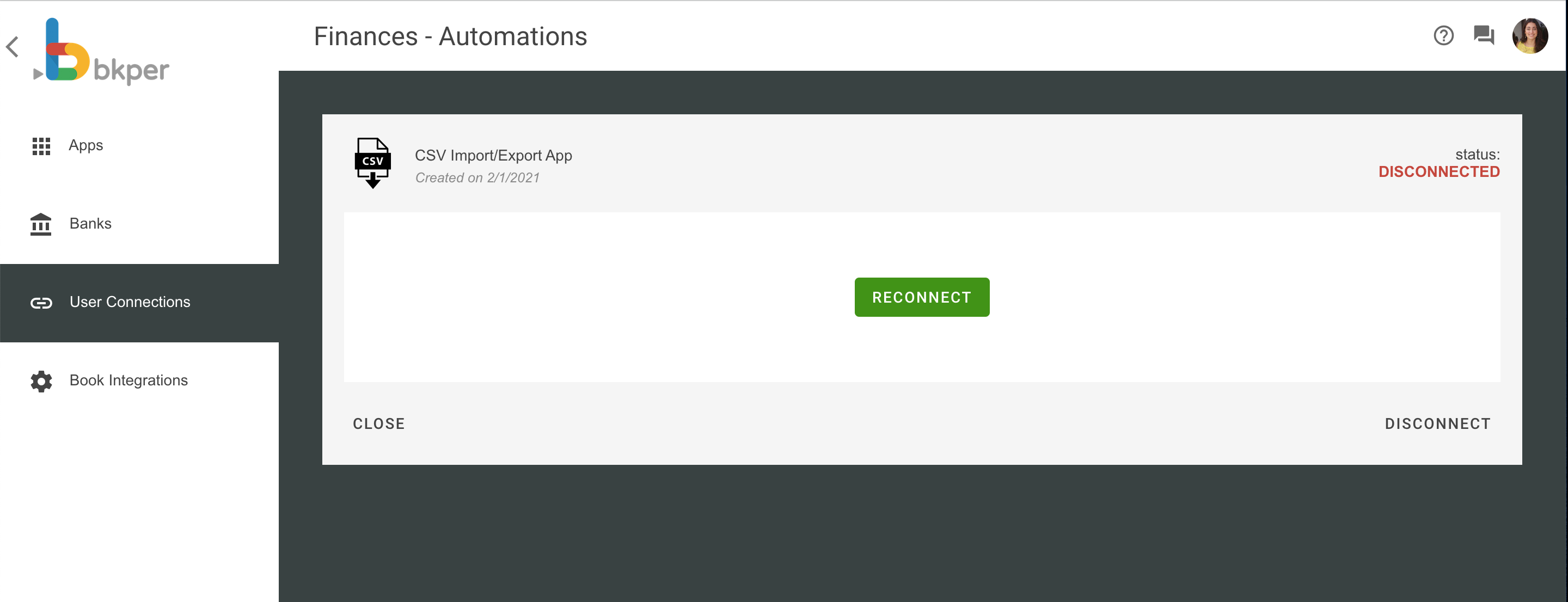 Clicking the Reconnect button on a disconnected bank connection