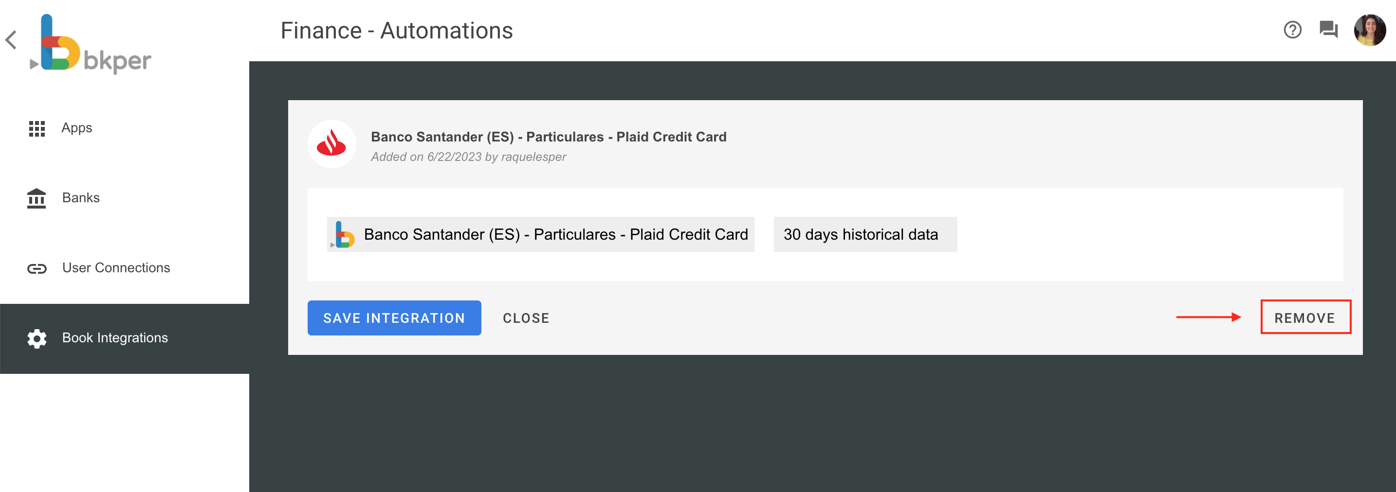 Removing a bank integration from a Bkper Book