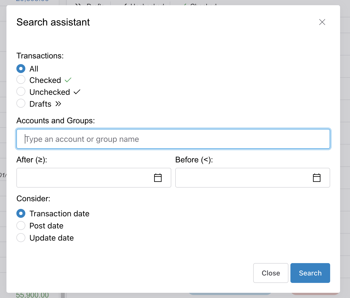 The Search Assistant suggesting options as you type a search term