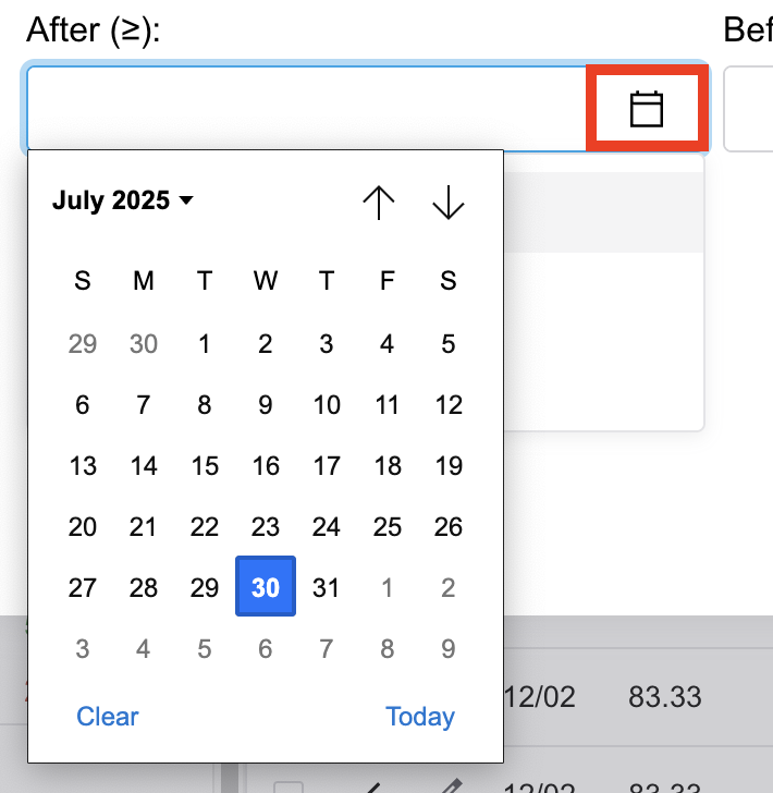The date picker for selecting absolute dates in the Search Assistant