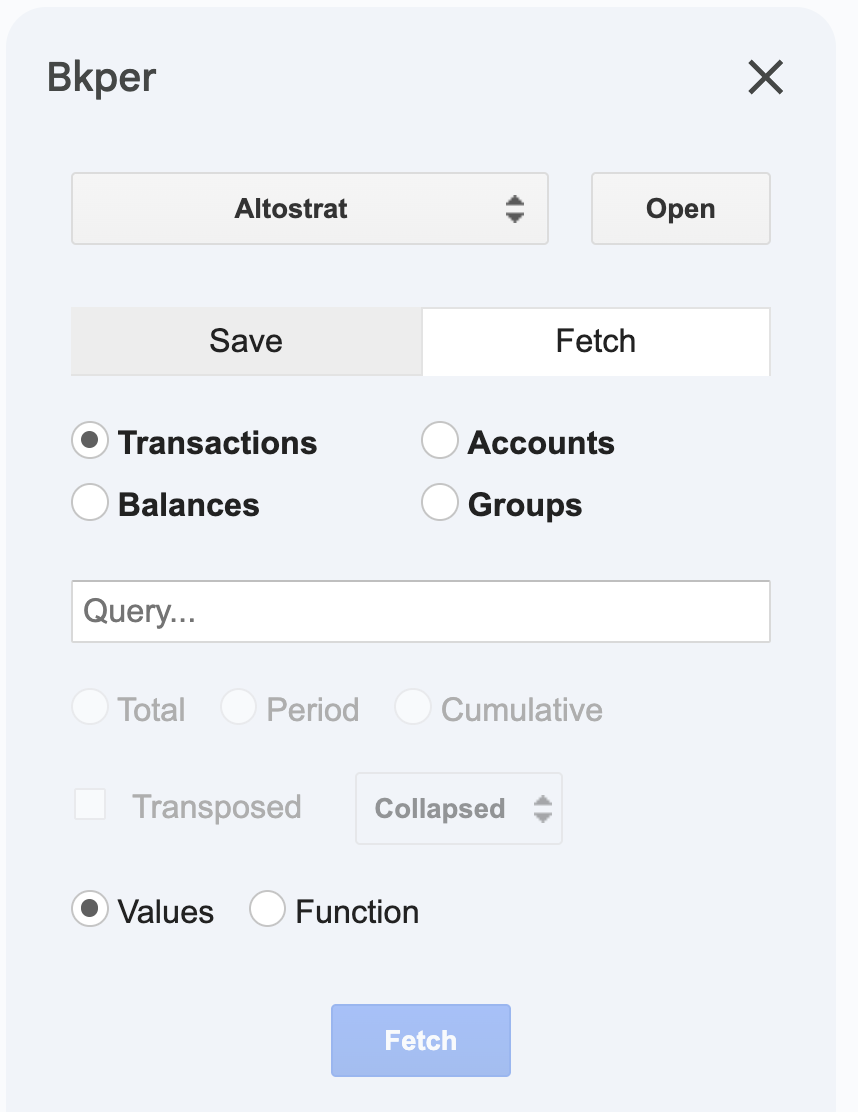 Bkper Add-on sidebar showing the Fetch tab with balance query options