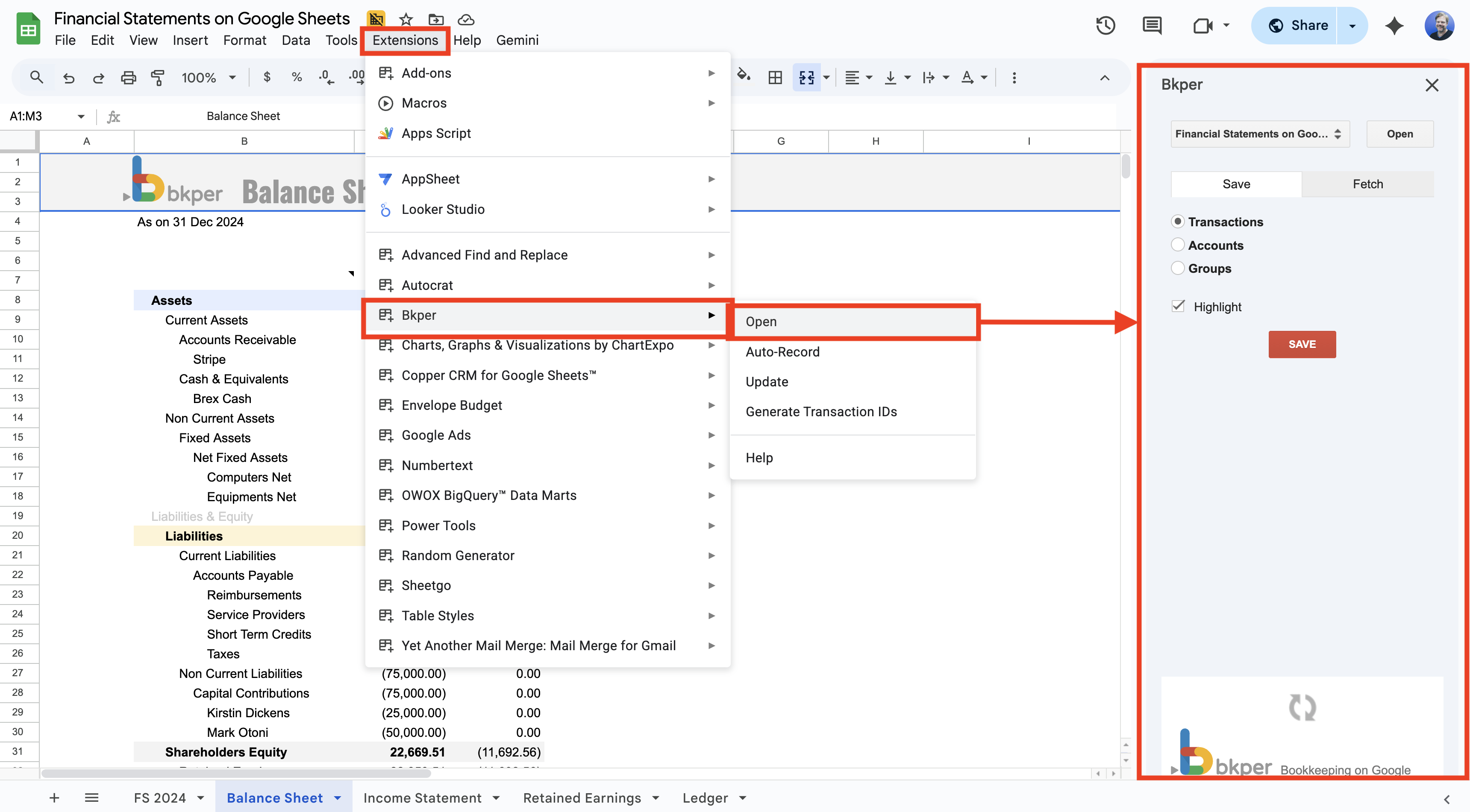 Bkper Add-on sidebar open in Google Sheets showing Book selection