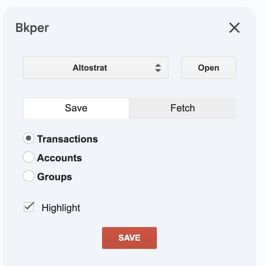 Bkper Add-on sidebar showing the Save tab for recording data