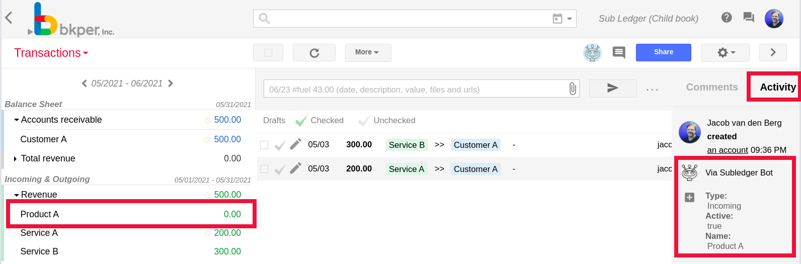 The account automatically created on the child book by the Subledger Bot