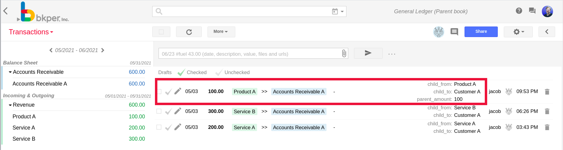 The transaction recorded on the parent book with the parent_amount value