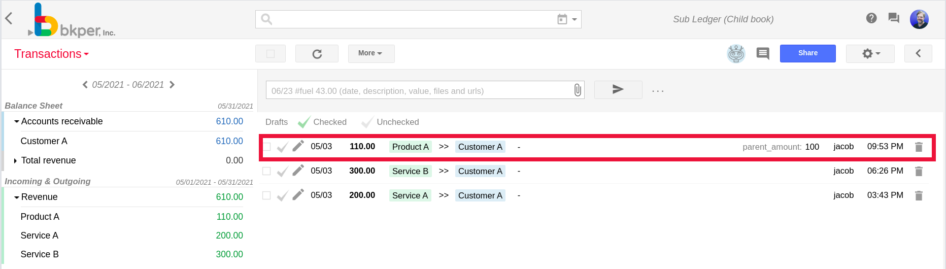 The transaction as it appears on the child book