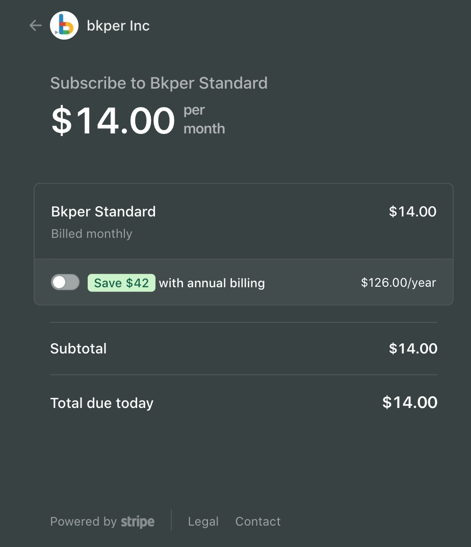 Bkper checkout page showing subscription details and price