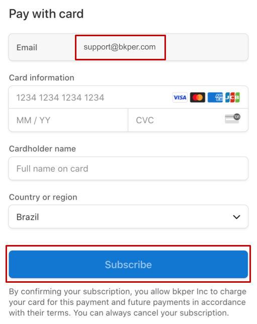 Bkper checkout page with card details form and Subscribe button