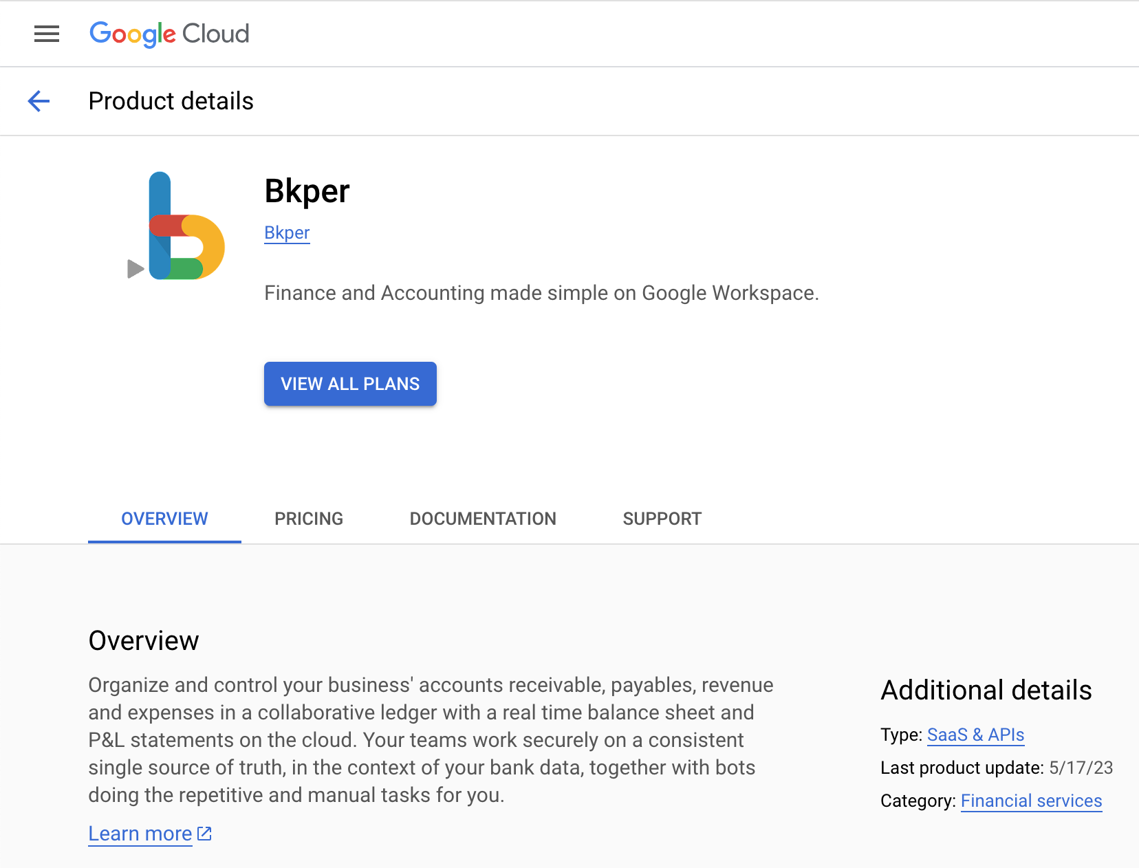 Google Cloud Marketplace listing for Bkper with the View All Plans button
