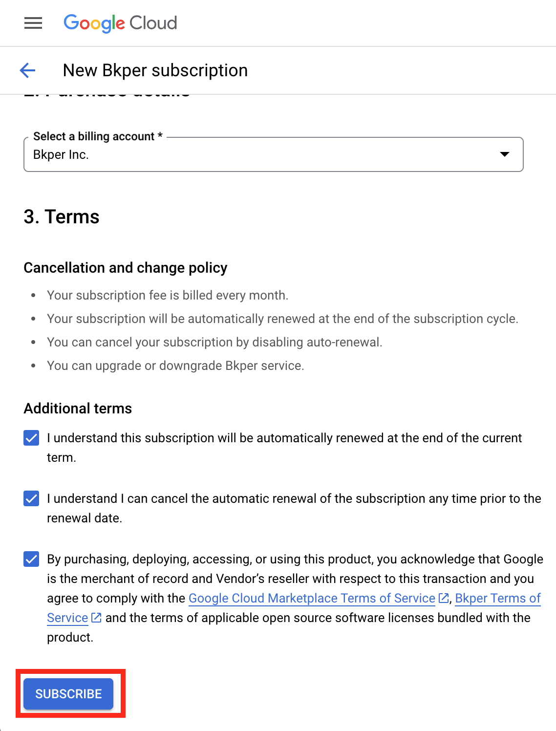Google Cloud Marketplace purchase details with billing account selection