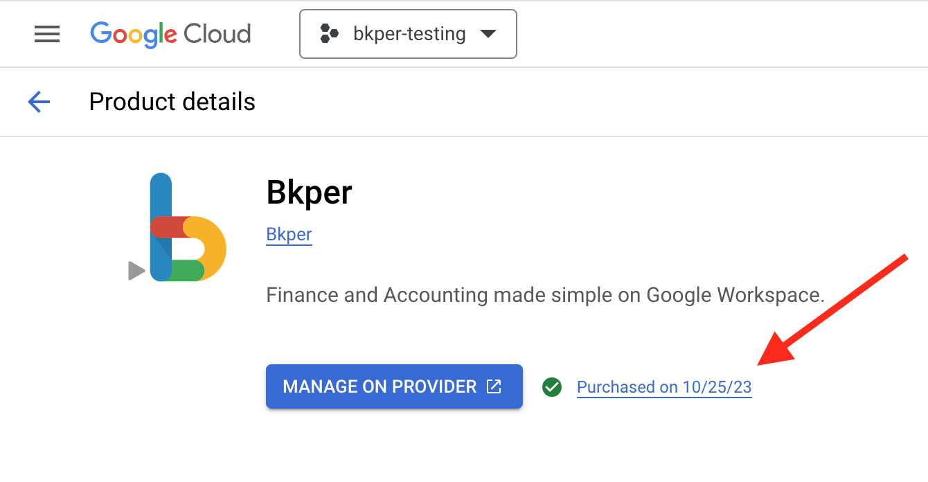 Google Cloud Marketplace showing the Bkper subscription status