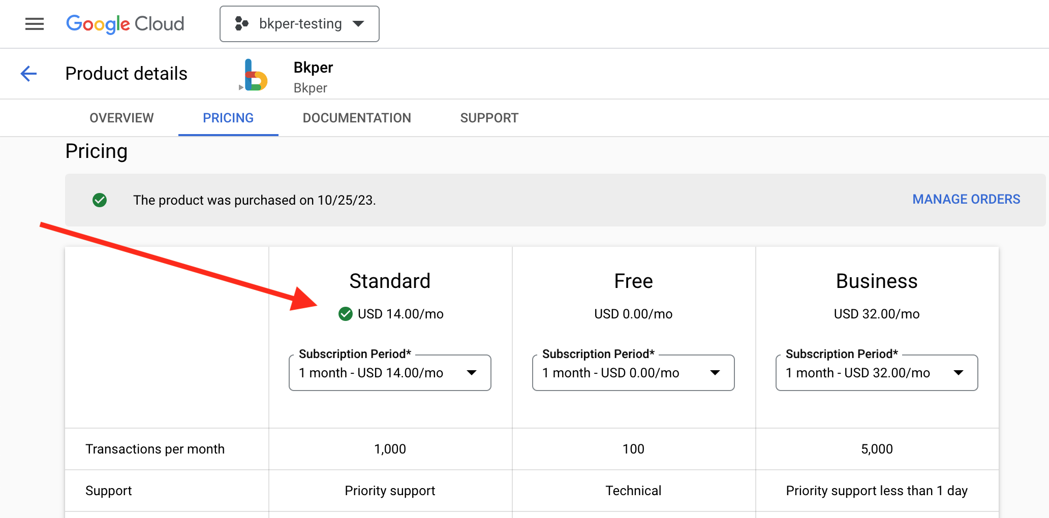 Google Cloud Marketplace subscription detail for Bkper