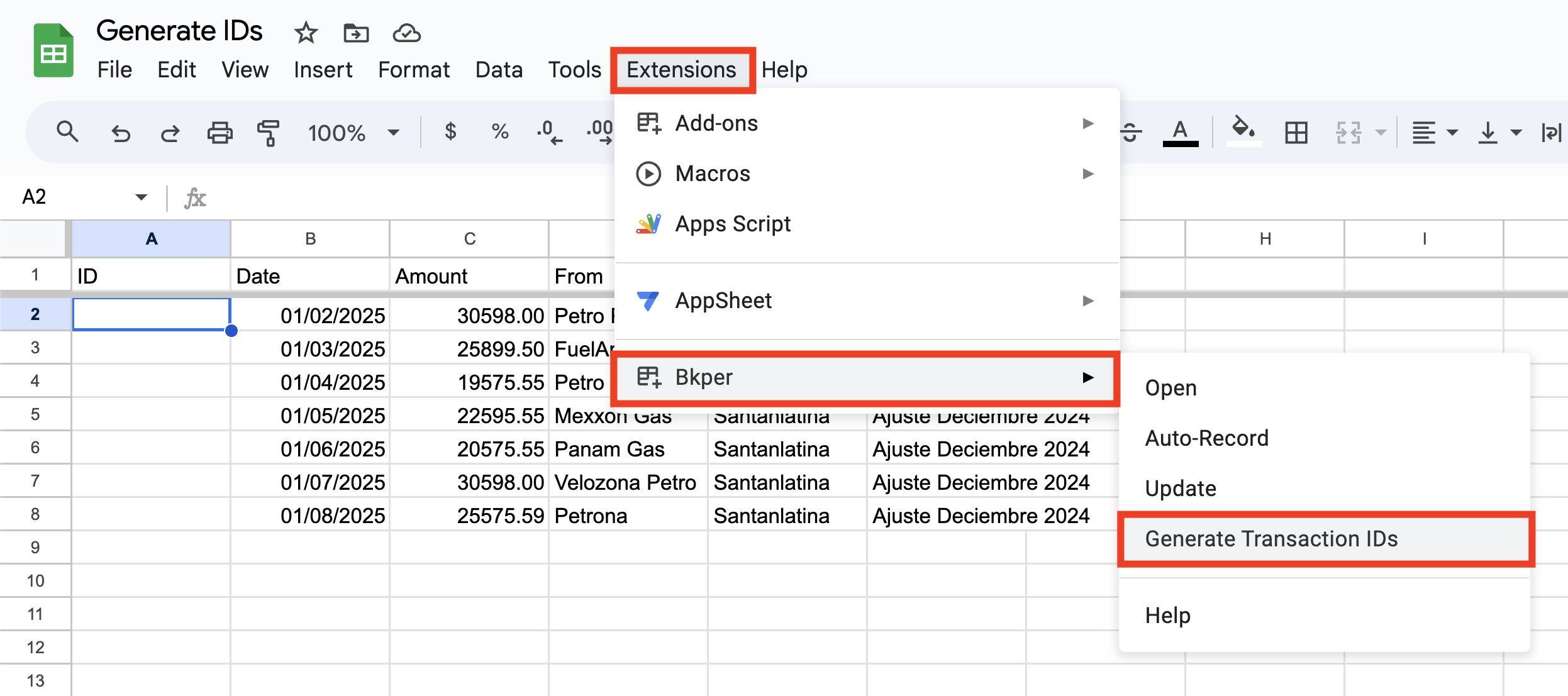 Bkper extension menu showing the Generate Transaction IDs option