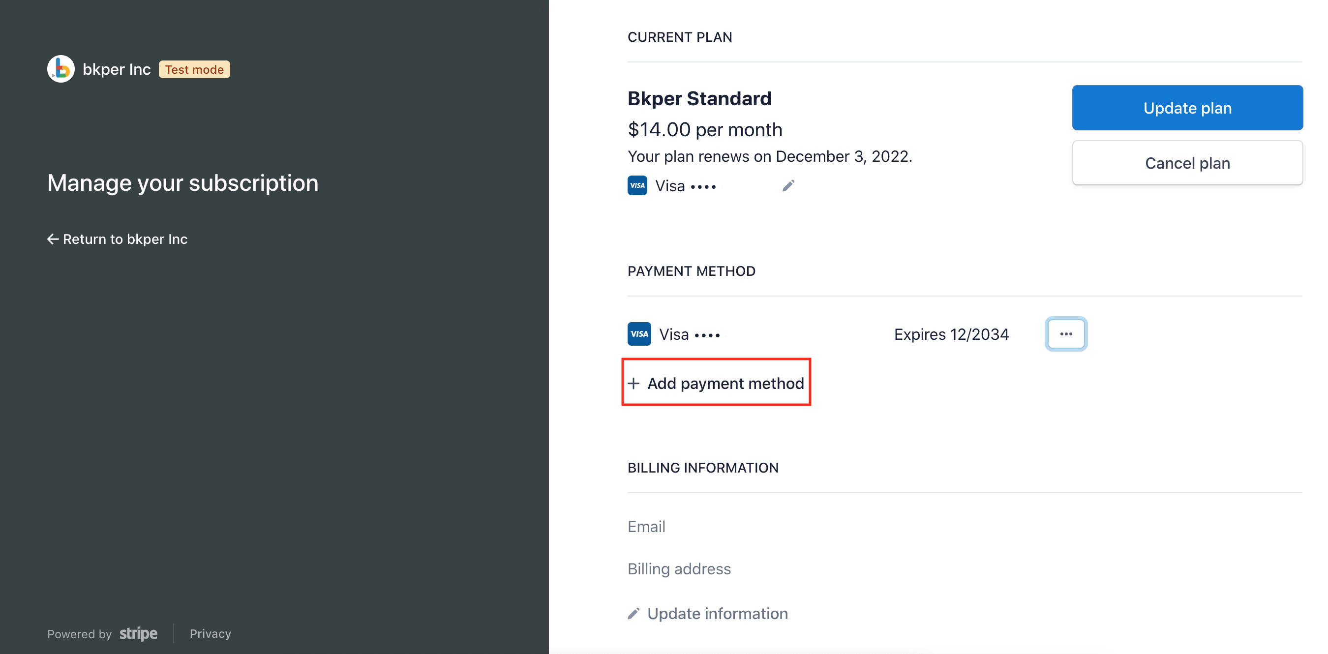 Bkper Billing page showing the Add payment method option