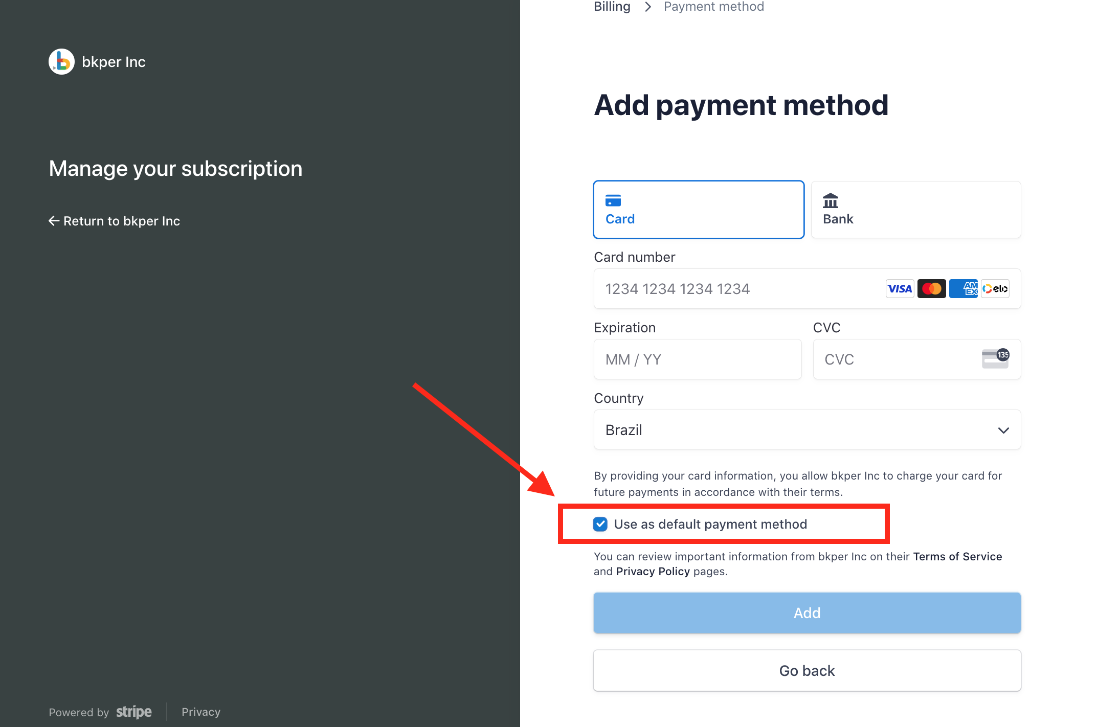 Payment method form with card details and default payment checkbox