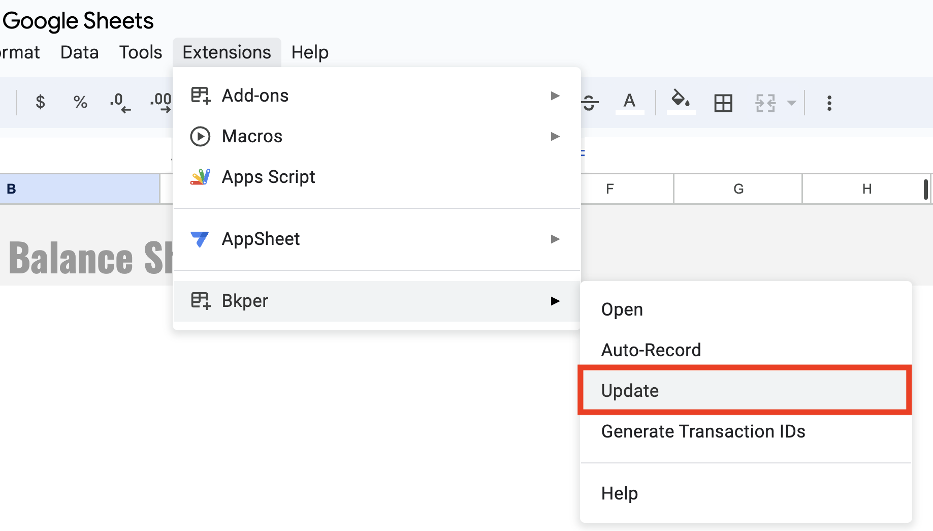 Bkper Update option in the Extensions menu of Google Sheets