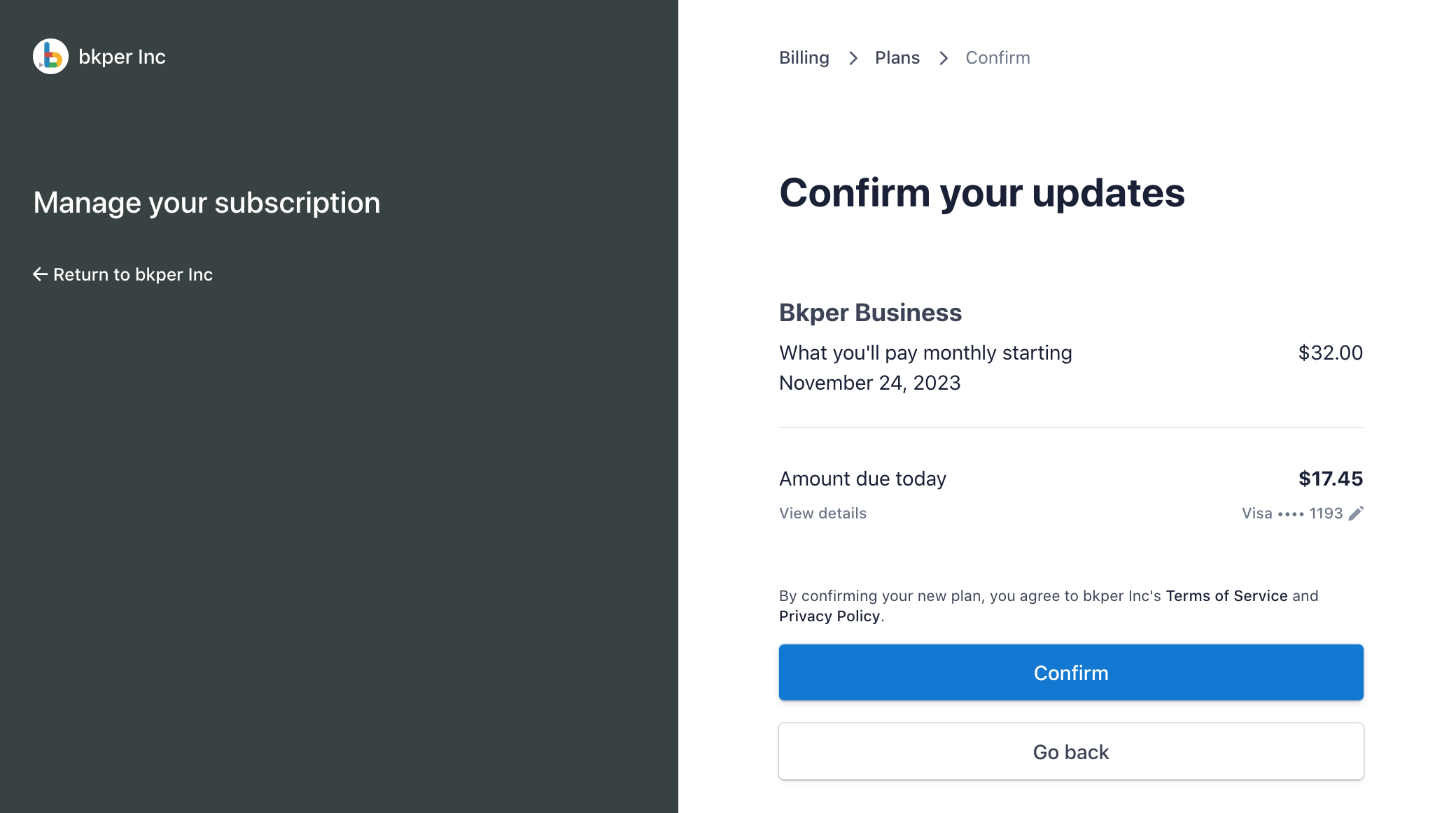 Confirmation screen for the subscription upgrade