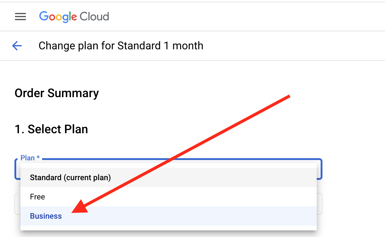 Plan selection screen showing Bkper Business on Google Cloud